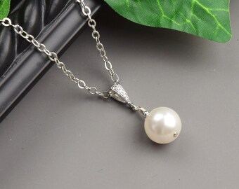 White Pearl Necklace - Silver  Pearl Bridesmaid Necklace - Pearl Bridal Necklace - Bridesmaid Jewelry - Wedding Jewelry