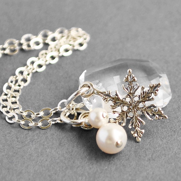 Sterling Silver Snowflake Necklace - Charm Necklace - White Swarovski Pearl and Clear Crystal Necklace - Sterling Silver Handmade Jewelry