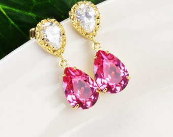 Pink Bridal Earrings Gold  Teardrop Earrings for Bridesmaids Gifts Rose Pink Crystal Dangle Earrings Maid of Honor Jewelry