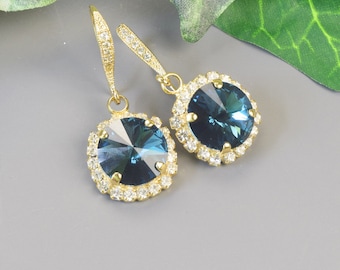 Navy Blue Crystal Drop Earrings Gold Something Blue Bridal Earrings Wedding Jewelry for Bridemaids Gift Earrings  Jewelry