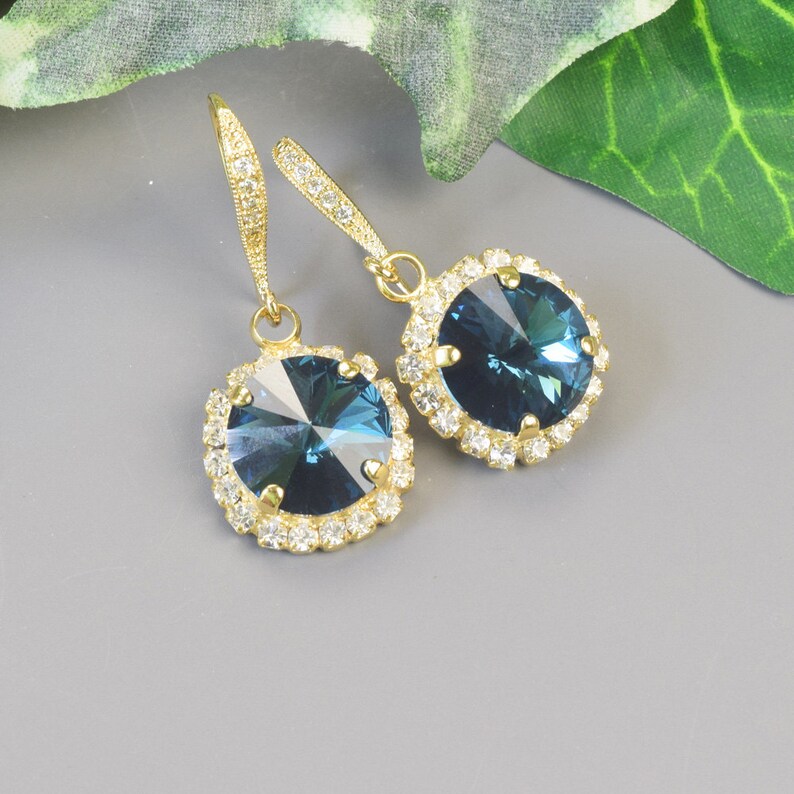 Navy Blue Crystal Drop Earrings Gold Something Blue Bridal Earrings Wedding Jewelry for Bridemaids Gift Earrings Jewelry image 1