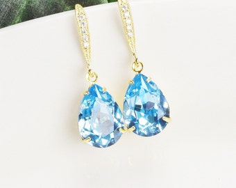 Aquamarine Bridal Earrings Gold  Crystal Drop Earrings Something Blue Wedding Earrings for Bridesmaids Gifts Maid of Honor Earrings