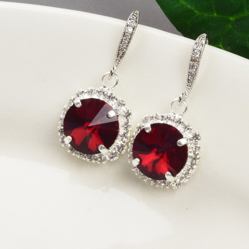 Red Bridal Earrings Silver Ruby Wedding Jewelry for Brides Red Crystal Earrings for Bridesmaids Bridal Party Jewelry Gifts image 2