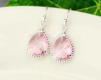 Pink Earrings - Silver and Pink Glass Drop Earrings - Bridesmaid Gift - LIght Pink Bridesmaid Earrings - Wedding Jewelry - Bridal Jewelry