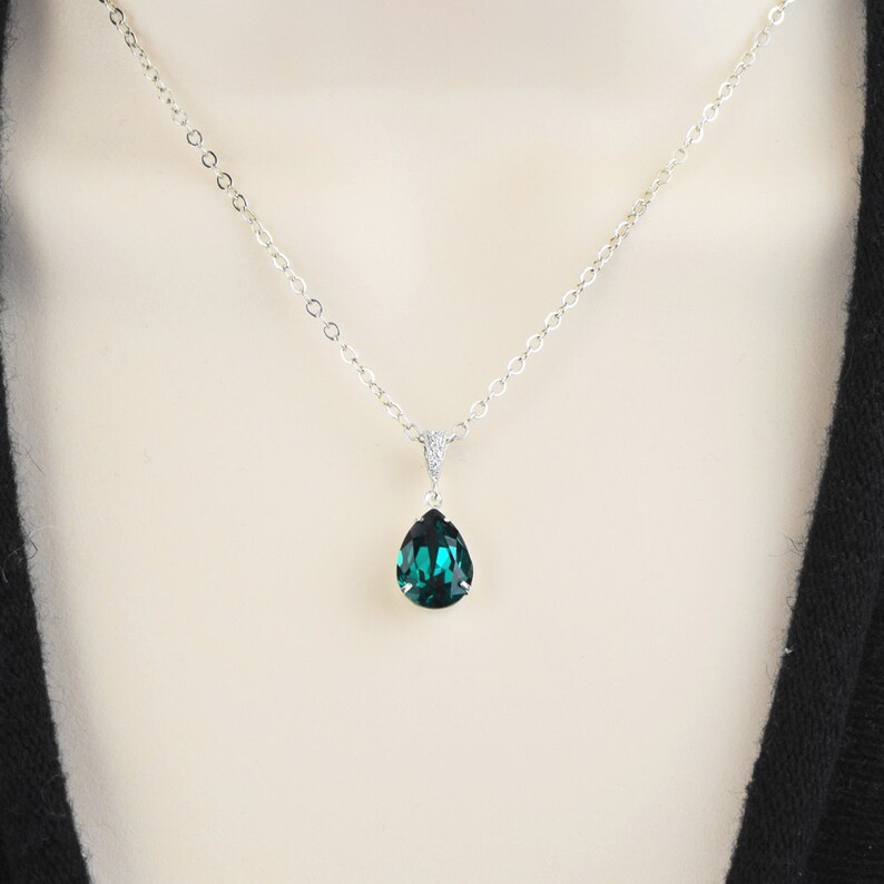 Emerald Bridal Necklace Silver Crystal Green Teardrop Pendant Etsy