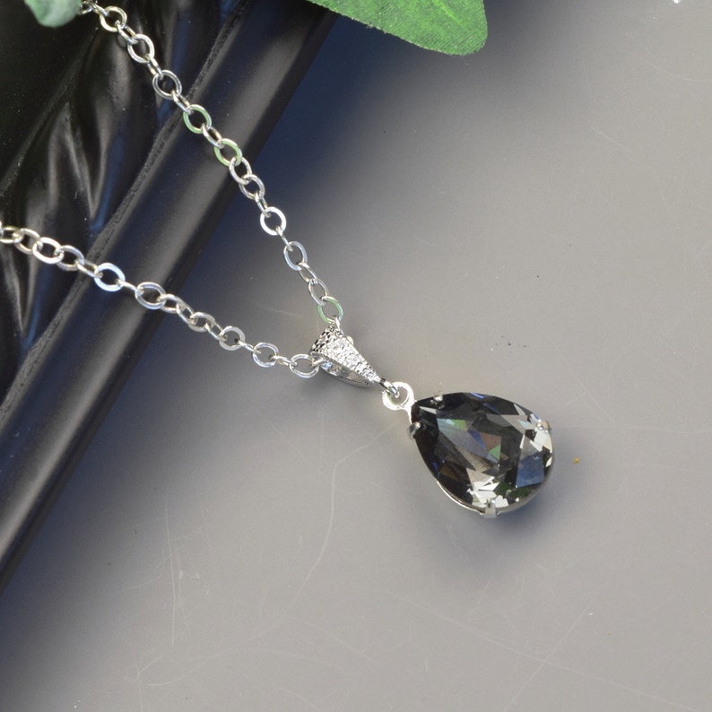 Charcoal Gray Necklace Silver Crystal Teardrop Pendant Necklace Gray Bridesmaid Necklace Grey Wedding Jewelry for Bridesmaids image 2