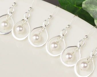 Bridesmaid Pearl Earrings SET OF 4 White  Pearl Wedding Jewelry Sterling Silver Infinity Earrings Bridesmaid Gifts Jewelry