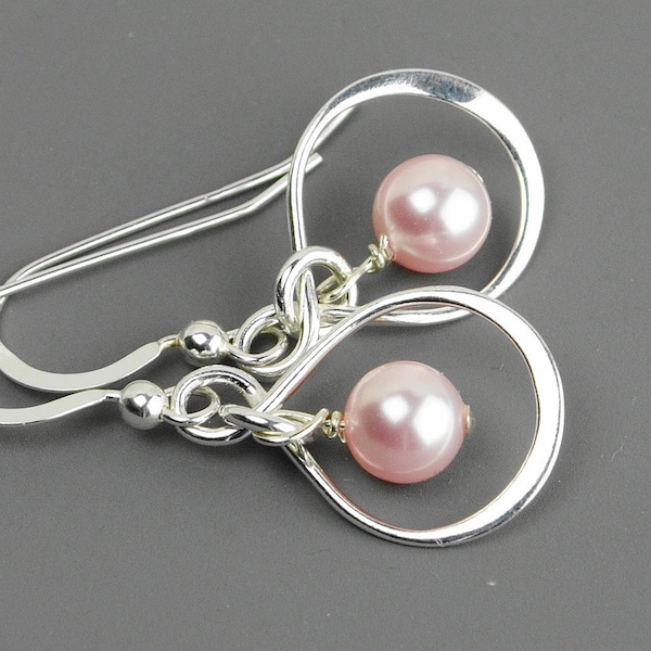 Pink Pearl Earrings -Sterling Silver Infinity Earrings -  Pearl Drop Earrings - Bridesmaid Jewelry - Silver Dangle Earrings