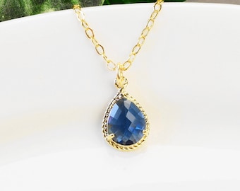 Navy Blue Necklace - Gold Sapphire Pendant Necklace - Teardrop Necklace - Navy Blue Bridesmaid Necklace - Bridesmaid Jewelry - Wedding