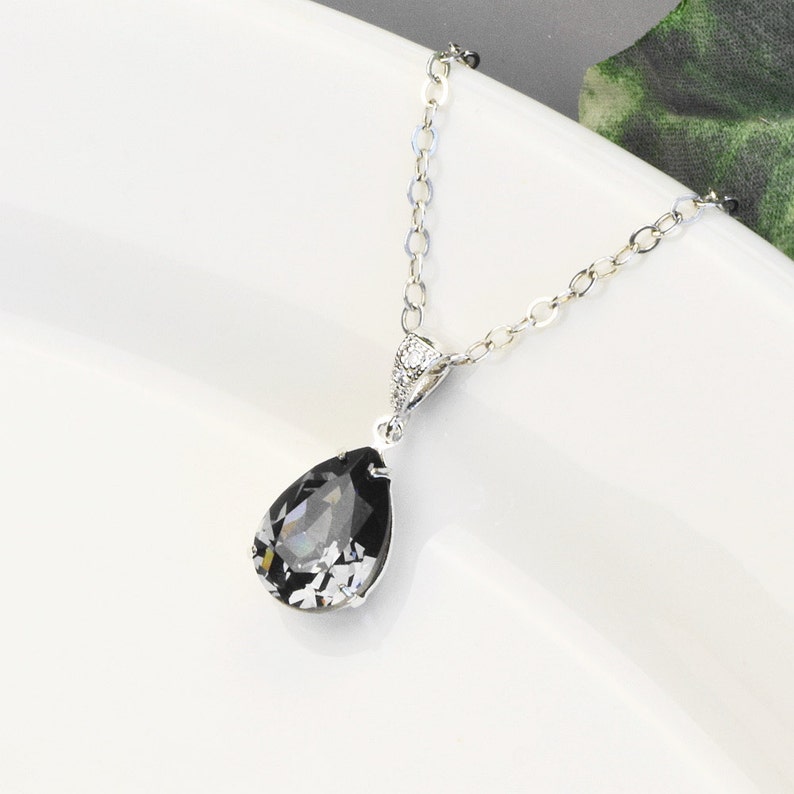 Charcoal Gray Necklace Silver Crystal Teardrop Pendant Necklace Gray Bridesmaid Necklace Grey Wedding Jewelry for Bridesmaids image 4