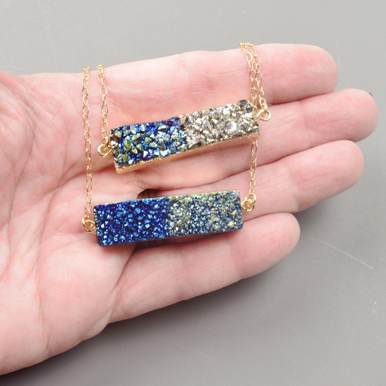 Blue Druzy Necklace Gold Druzy Bar Pendant Necklace Druzy Jewelry Trendy Necklaces for Women Birthday Gift for Mom Unique Best Friend Gift image 2