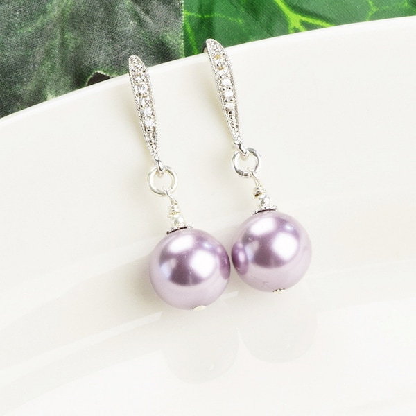 Lavender Pearl Drop Earrings Purple Dangle Earrings in Silver Pearl Bridesmaids Earrings Wedding Party Gifts Mother of the Bride Jewelry