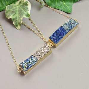 Blue Druzy Necklace Gold Druzy Bar Pendant Necklace Druzy Jewelry Trendy Necklaces for Women Birthday Gift for Mom Unique Best Friend Gift image 1