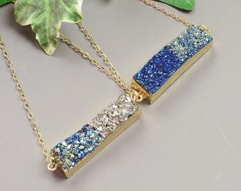 Blue Druzy Necklace Gold Druzy Bar Pendant Necklace Druzy Jewelry Trendy Necklaces for Women Birthday Gift for Mom Unique Best Friend Gift