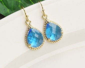 Cobalt Blue Earrings - Blue Bridesmaid Earrings - Gold Blue Crystal Drop Earrings - Capri Blue Glass Earrings -