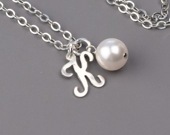 Personalized Script Initial Necklace With Pearl Sterling Silver Jewelry Graduation Gift Custom Gift for Mom Birthday Letter Charm Necklace