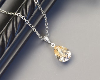 Champagne Bridesmaid Necklace Silver Crystal Teardrop Necklace  Blsuh Bridal Necklace Champagne Wedding Jewelry for Brides
