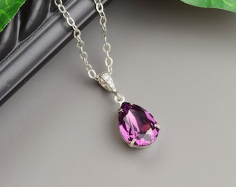 Purple Necklace Silver Amethyst Crystal Teardrop Pendant  Wedding Jewelry for Bridal Party Gifts Bridesmaid Jewelry