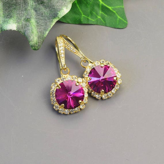 Pink Earrings Gold Dangle Earrings Fuchsia Swarovski Earrings