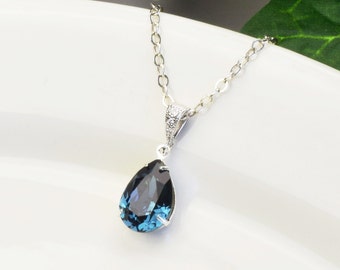 Navy Blue Necklace Silver Sapphire Teardrop Necklace Navy Bridal Jewelry Something Blue Wedding Jewelry for Bridesmaids Mother of the Groom
