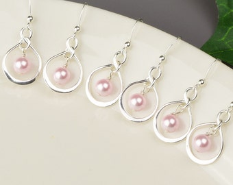 Pearl Bridesmaid Jewelry SET OF 5 Pink Pearl Earrings 10% OFF - Sterling Silver Infinity Earrings -  Pearl Drop Earrings