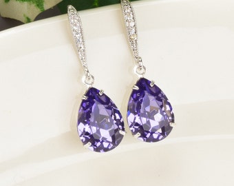 Tanzanite Drop Earrings Silver Purple Bridal Earrings  Crystal Teardrop Wedding Jewelry for Bridesmaids Gifts Maid of Honor Jewelry