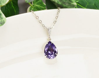 Purple Bridal Necklace Silver Tanzanite   Crystal Teardrop Necklace Purple Wedding Jewelry for Bridesmaids Gift Mother of the Bride