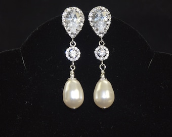 Classic Pearl Bridal Earrings Silver Pearl and Crystal Bridal Jewelry Teardrop Pearl Earrings for Weddings Simple Wedding Jewelry for Brides