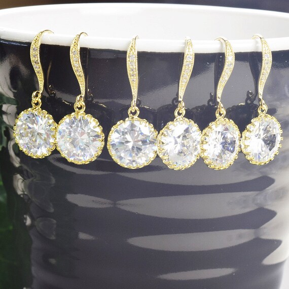 Bridesmaid Earrings Set of 6 Cubic Zirconia Earrings Gold Wedding