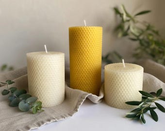 Świece filarowe z czystego wosku pszczelego – zestaw 3 sztuk, naturalny zapach miodu, czysto paląca się dekoracja domu