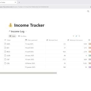 Könnte beinhalten: Ein digitales Einkommen-Tracker-Dashboard auf einem Bildschirm mit einer Tabelle namens Income Log, die Spalten für Zahlung, Ticker, Datum, Bruttobetrag, Quellensteuer, Währung und Reinvestitionsstatus enthält und verschiedene Einträge zeigt.