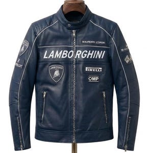 Handgefertigte italienische Performance-Lederjacke in Marineblau, Renn-, Biker- und Sport-Bomberjacke