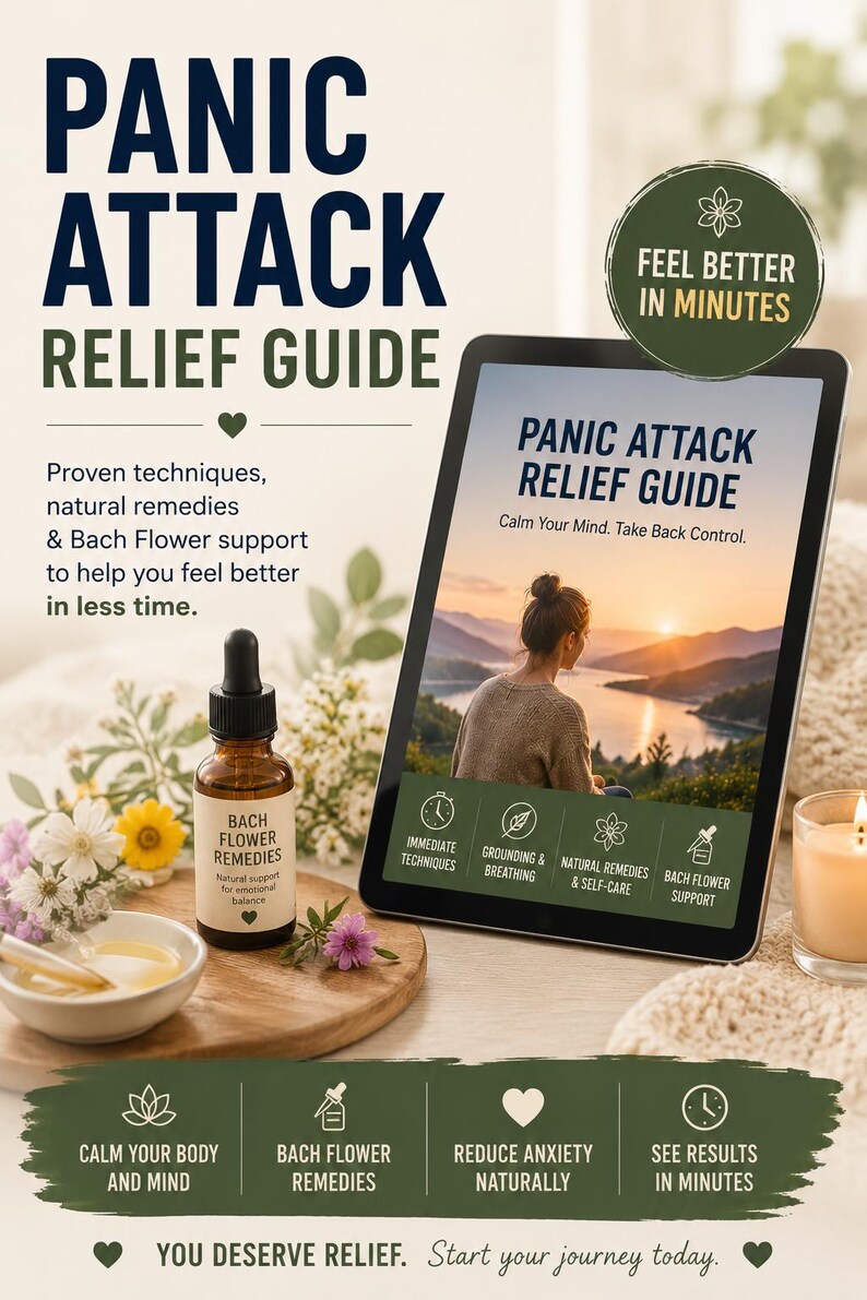 Puede incluir: Una tableta digital que muestra una gu&iacute;a de alivio para ataques de p&aacute;nico, acompa&ntilde;ada de un frasco cuentagotas de vidrio marr&oacute;n etiquetado como Bach Flower Remedies, un peque&ntilde;o cuenco blanco con l&iacute;quido y una vela encendida.