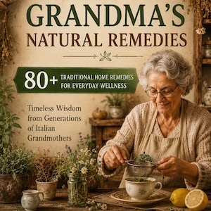 Op de afbeelding: Een boekomslag getiteld ITALIAN GRANDMA'S NATURAL REMEDIES met de ondertitel 80+ TRADITIONAL HOME REMEDIES FOR EVERYDAY WELLNESS. Het toont een ouder persoon met een bril die een zeef boven een kopje gebruikt, omringd door kruiden en citroenen.