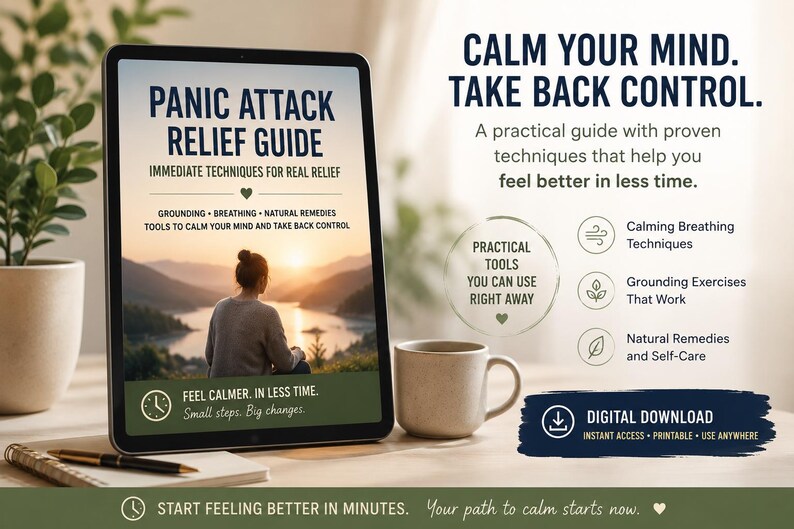 Puede incluir: Una tableta digital muestra una gu&iacute;a de alivio para ataques de p&aacute;nico con texto sobre conexi&oacute;n a tierra, respiraci&oacute;n y remedios naturales. La pantalla muestra a una persona junto a un lago al atardecer, junto a una taza y un cuaderno.