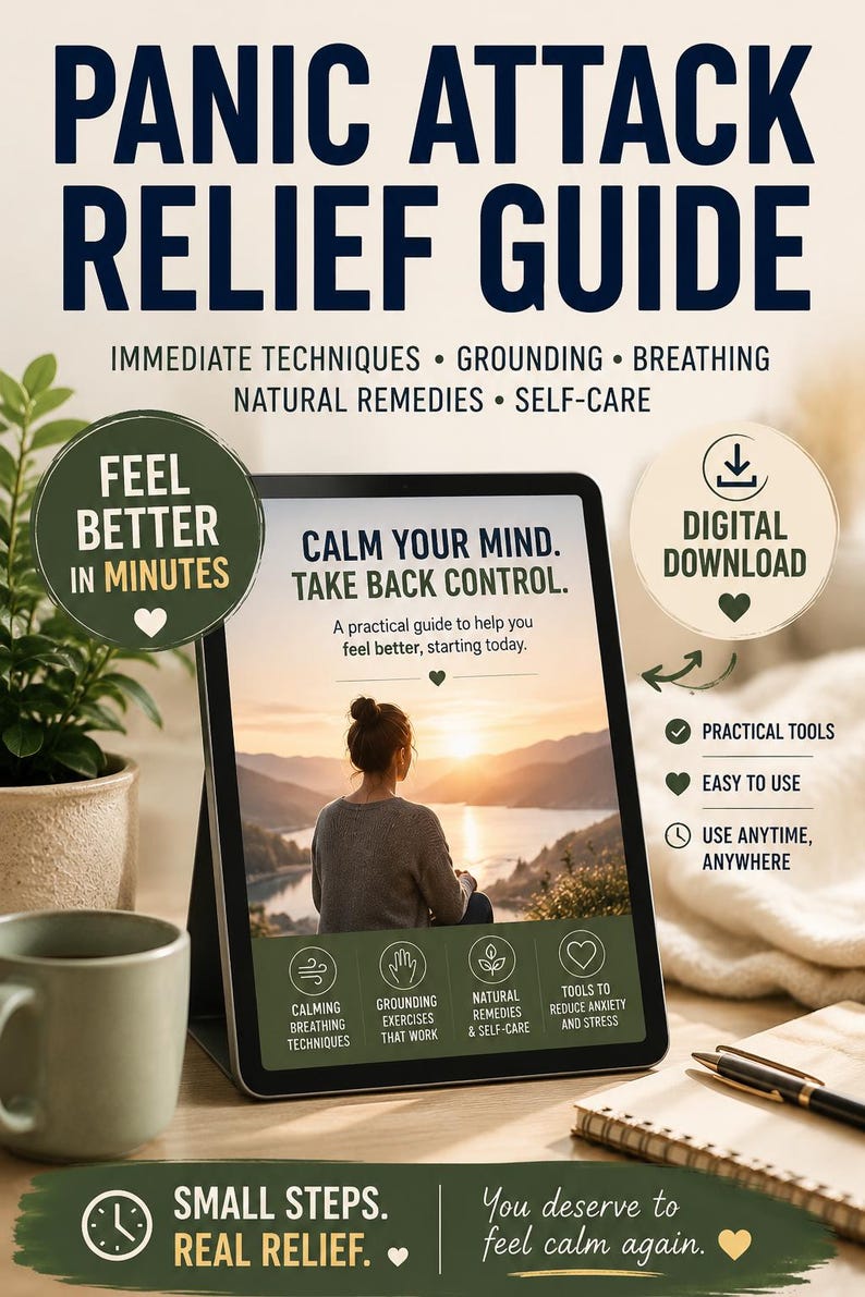 Puede incluir: Una gu&iacute;a digital de alivio para ataques de p&aacute;nico mostrada en una pantalla de tableta. El texto dice: Panic Attack Relief Guide, Feel Better In Minutes, Calm Your Mind. Take Back Control, Digital Download, Practical Tools, Easy To Use, Use Anytime, Anywhere.