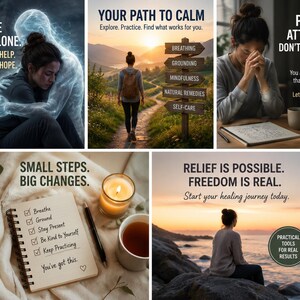 Puede incluir: Un collage de cinco im&aacute;genes con temas de apoyo a la salud mental. El texto incluye: You're not alone, Your path to calm, Panic attacks don't define you, Small steps big changes y Relief is possible. Las im&aacute;genes muestran a una persona siendo reconfortada, un camino, una persona escribiendo, una lista de verificaci&oacute;n y un atardecer.
