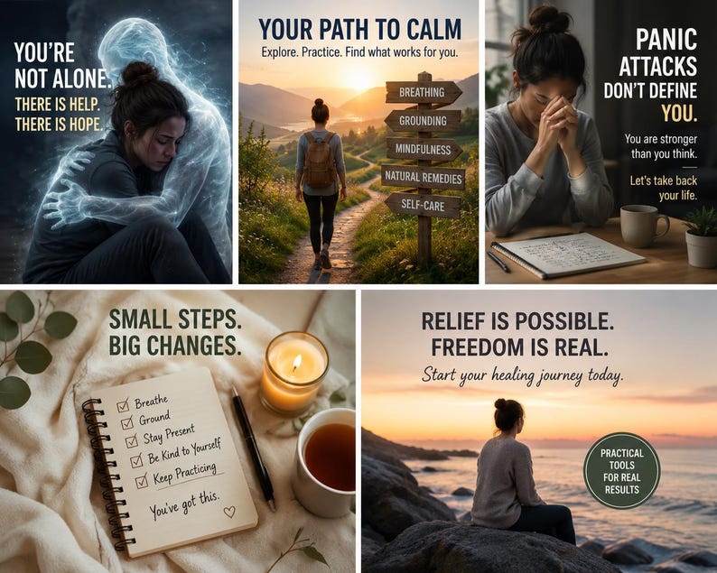 Puede incluir: Un collage de cinco im&aacute;genes con temas de apoyo a la salud mental. El texto incluye: You're not alone, Your path to calm, Panic attacks don't define you, Small steps big changes y Relief is possible. Las im&aacute;genes muestran a una persona siendo reconfortada, un camino, una persona escribiendo, una lista de verificaci&oacute;n y un atardecer.