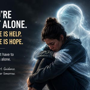 Puede incluir: Una persona con sudadera oscura est&aacute; sentada con las rodillas contra el pecho, abrazada por una figura brillante y transl&uacute;cida. El texto dice: YOU'RE NOT ALONE. THERE IS HELP. THERE IS HOPE. You don't have to face this alone. Support. Guidance. A better tomorrow.