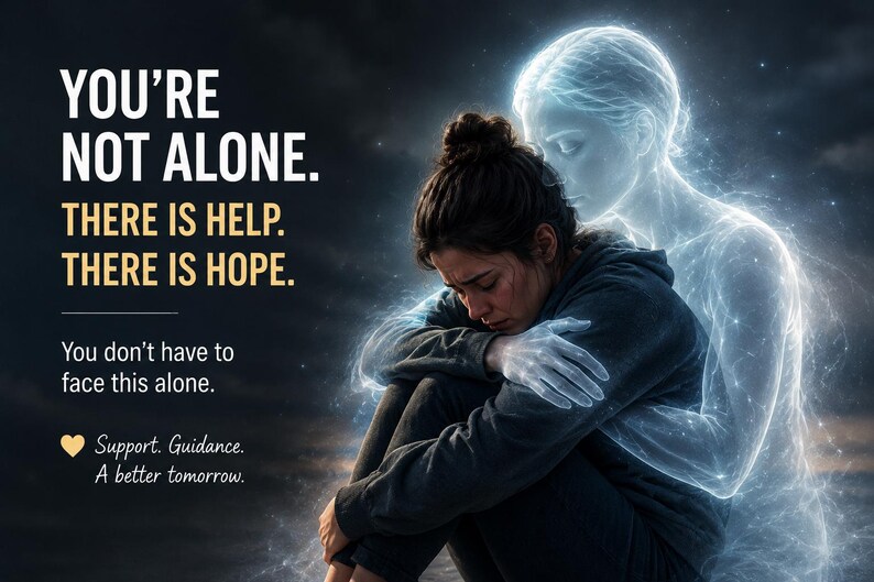 Puede incluir: Una persona con sudadera oscura est&aacute; sentada con las rodillas contra el pecho, abrazada por una figura brillante y transl&uacute;cida. El texto dice: YOU'RE NOT ALONE. THERE IS HELP. THERE IS HOPE. You don't have to face this alone. Support. Guidance. A better tomorrow.