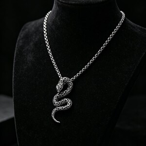 Pode incluir: Um colar com pingente de cobra prateada. O pingente é um design detalhado de cobra enrolada. O colar é exibido em um manequim preto. A corrente é do estilo box chain.