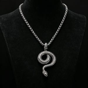 Op de afbeelding: Zilverkleurige slangenhangerketting. De hanger is een gedetailleerd opgerold slangenontwerp. De ketting heeft een ketting met een rond schakelontwerp. De ketting wordt gepresenteerd op een zwarte mannequin.