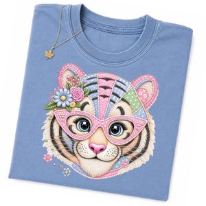 Tiger Floral PNG, Patchwork Tiger with Glasses T-shirt Design, Vintage Fabric Style Tiger, Gift for Women, Cute Animal PNG, Trendy Wild Cat