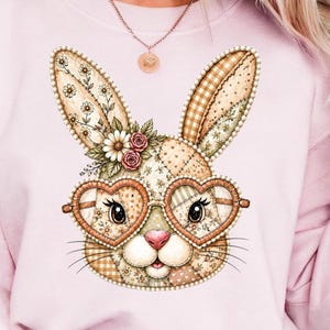 Bunny T-shirt PNG, Trendy Easter Bunny PNG, Floral Retro Bunny, Patchwork Bunny Face with Glasses Png, Bestseller T-shirt Digital Download