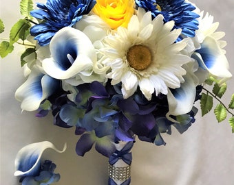 BLUE WEDDING Bouquet, Blue Picasso Callas, Cobalt Blue Gerberas, Yellow and White, Lush Trendy Wedding, Boutonniere