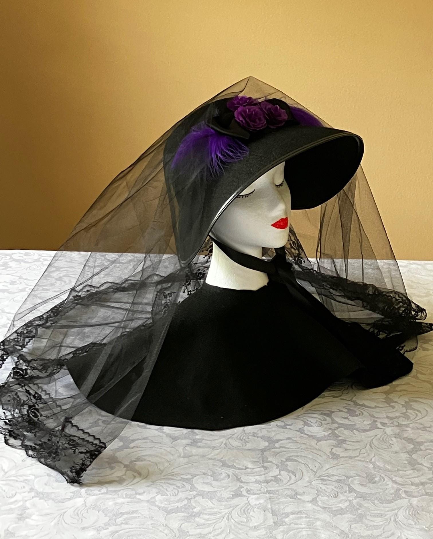 Civil War Reenactor Ladies Black Mourning Bonnet Victorian Antique Victorian Black Crepe Mourning Bonnet with Ribbon  main image 4