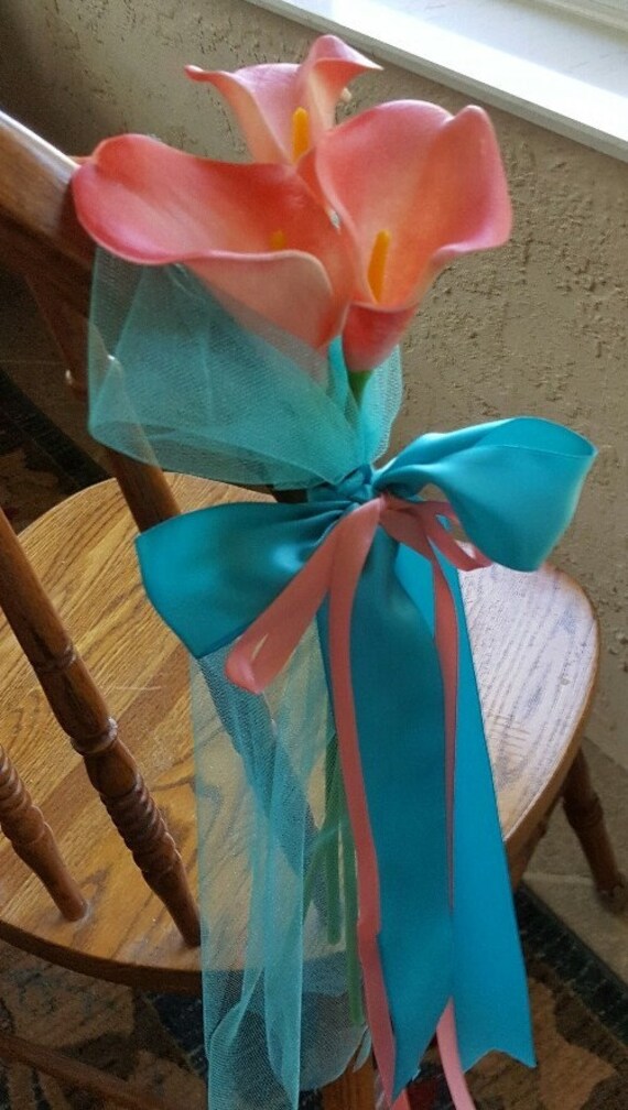 Coral True Touch Calla Lily With Turquoise Pew Bows Set Of Etsy