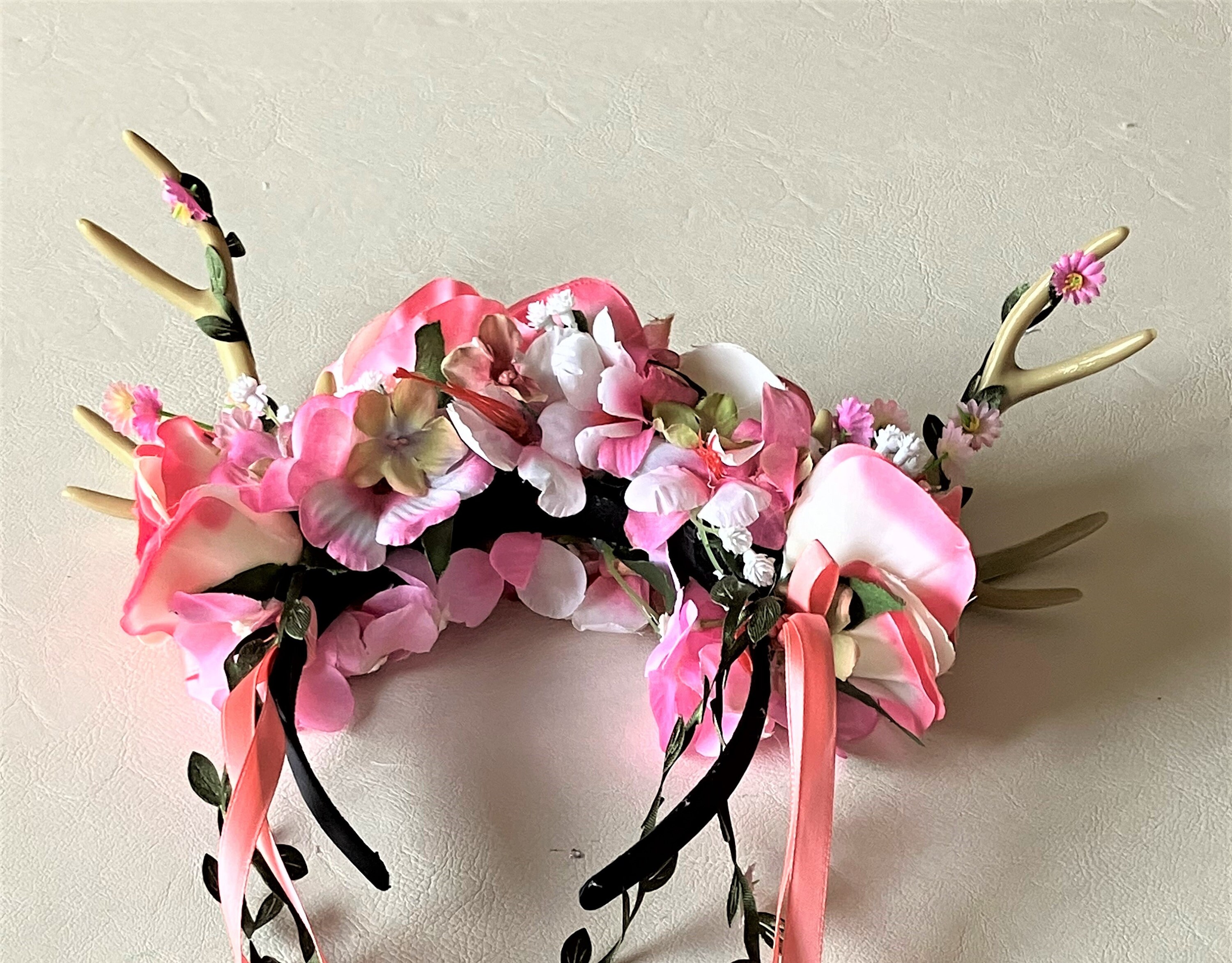 Floral Antler Headband with Pink and Black Accents   Handmade Pink Antler Headband - Etsy main image 3