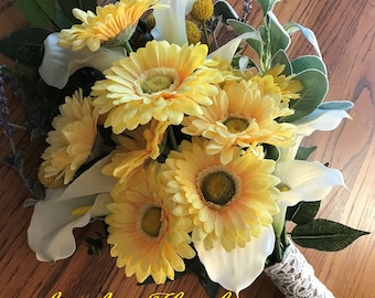 YELLOW, WHITE Lush, Large, BRIDE'S Arm Bouquet, Bride's Presentation Bouquet, Yellow Gerberas, White Calla Lilies, With Boutonniere