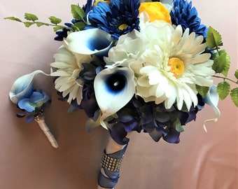ROYAL BLUE PICASSO Calla, Cobalt Blue Wedding Bouquet, Blue Gerberas, Yellow and White, Lush Trendy Wedding, Ready To Ship, With Boutonniere
